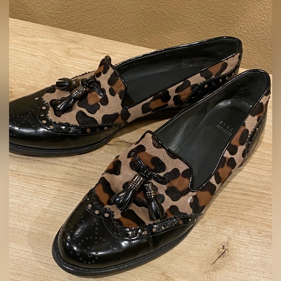 STUART WEITZMAN womens tassel oxfords loafers, leopard print.  Size 8.5 used - Picture 3 of 9